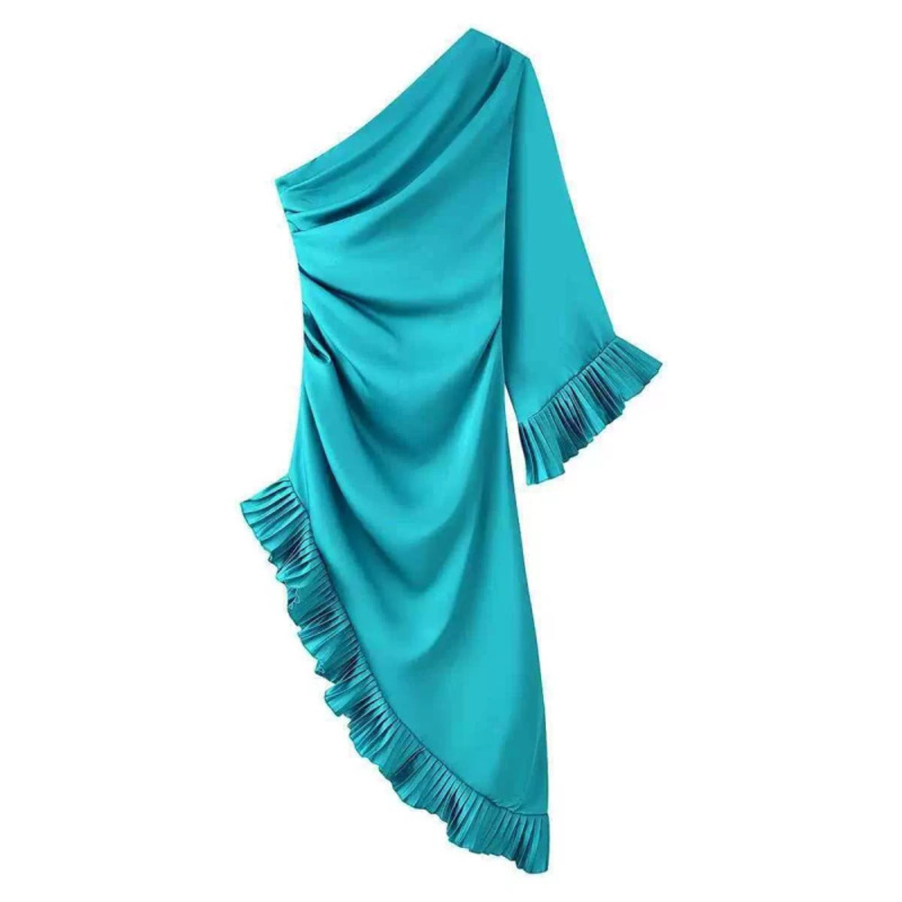 ZARA Summer Elegant Slim Fit Ruffled Asymmetric One Shoulder Dress